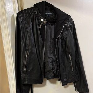 French Connection Black Leather Jacket with Hoodie